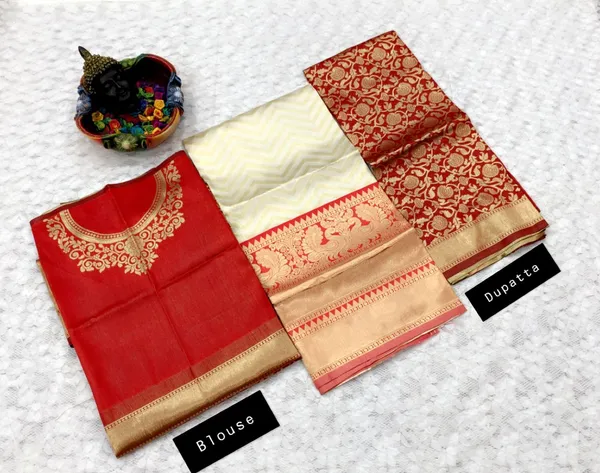Cream_And_Red_Elegant_Design_Embroidered_Kanchipuram_Silk_Half_Saree_With_Dupatta_For_Women