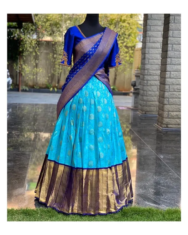 Multicolor_Elegant_Design_Embroidered_Kanchipuram_Silk_Half_Saree_For_Women