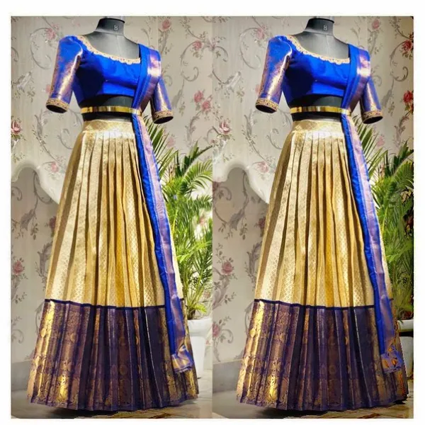 Royal_Blue_And_Gold_Elegant_Design_Silk_Half_Saree_With_Dupatta_For_Women