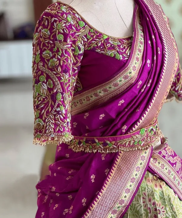 Green_And_Purple_Elegant_Design_Embroidered_Banarasi_Silk_Half_Saree_For_Women