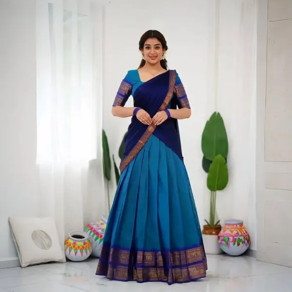 Teal_Blue_And_Purple_Elegant_Design_Banarasi_Silk_Half_Saree_For_Women