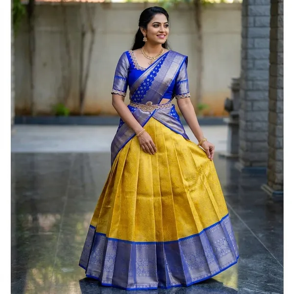 Blue_And_Yellow_Elegant_Design_Silk_Half_Saree_For_Women