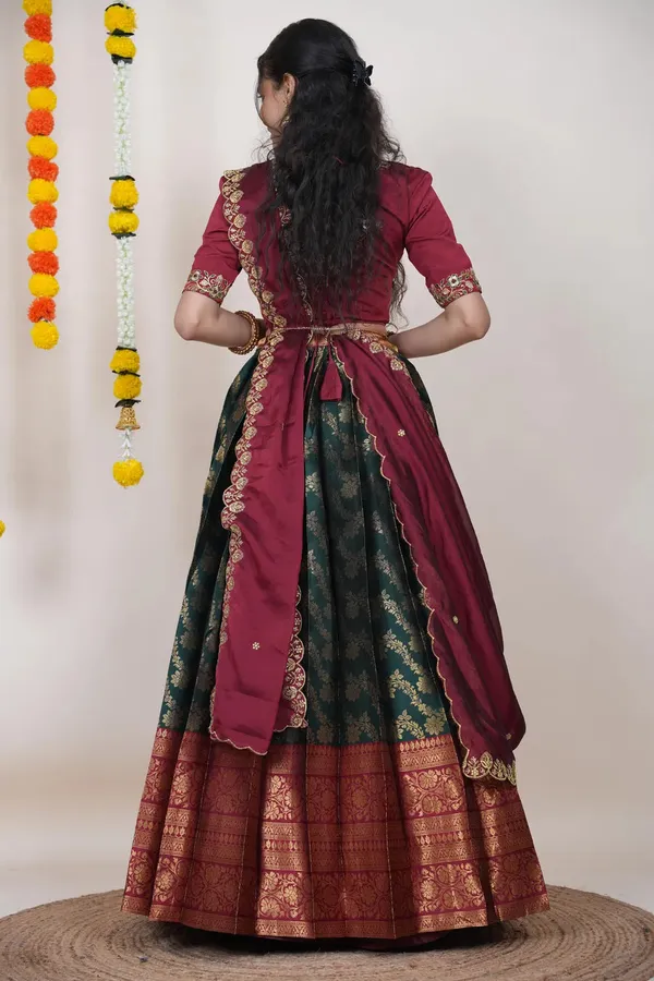 Maroon_And_Green_Elegant_Design_Embroidered_Silk_Half_Saree_With_Dupatta_For_Women