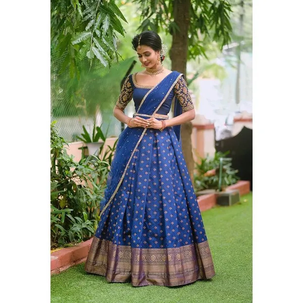 Blue_Elegant_Design_Embroidered_Brocade_Silk_Half_Saree_With_Dupatta_For_Women