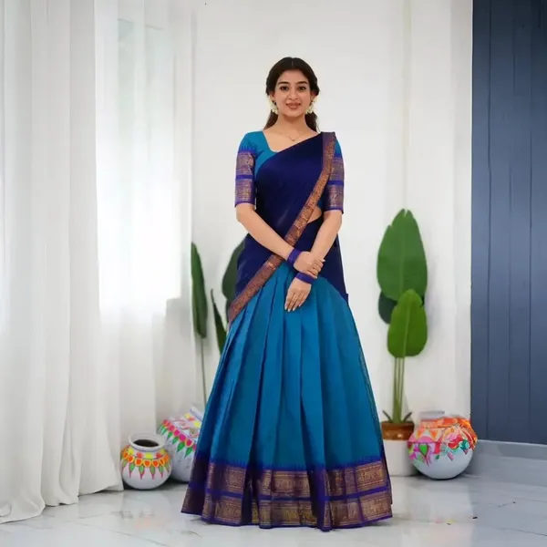Teal_Blue_And_Purple_Elegant_Design_Banarasi_Silk_Half_Saree_For_Women