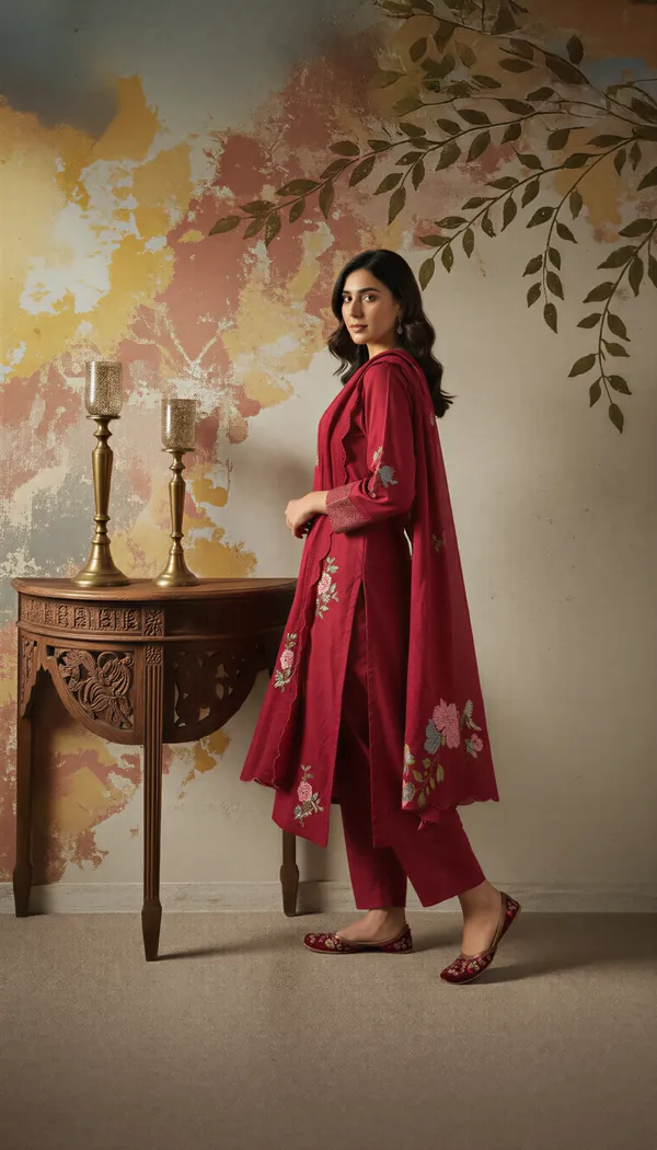 Maroon_Chanderi_Silk_Kurti_Pant_And_Dupatta_Set_For_Women