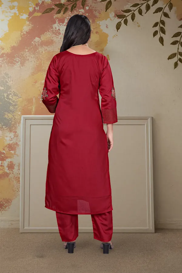 Maroon_Chanderi_Silk_Kurti_Pant_And_Dupatta_Set_For_Women