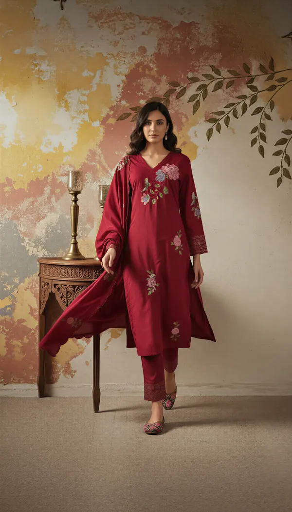 Maroon_Chanderi_Silk_Kurti_Pant_And_Dupatta_Set_For_Women