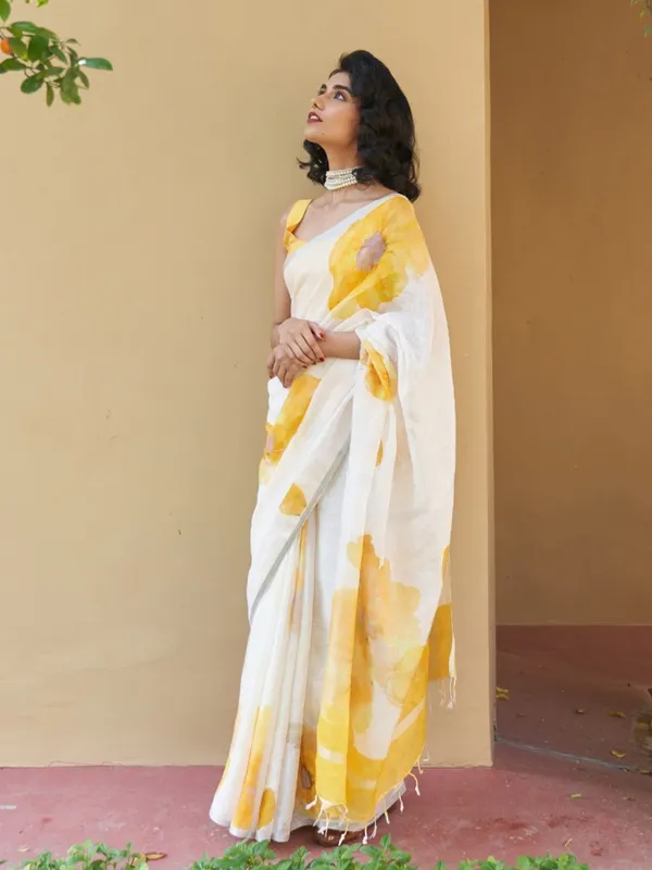 White_And_Yellow_Elegant_Design_Linen_Saree_For_Women