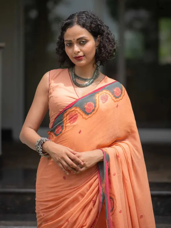 Peach_Elegant_Design_Embroidered_Organza_Saree_For_Women