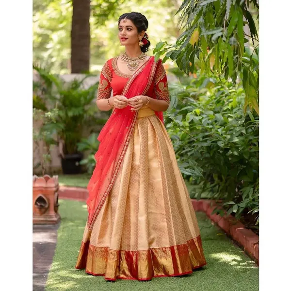 Red_Elegant_Design_Embroidered_Banarasi_Silk_Half_Saree_With_Dupatta_For_Women