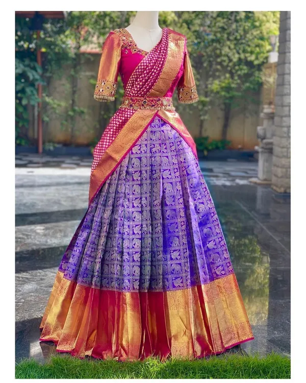 Purple_Elegant_Design_Pure_Silk_Half_Saree_For_Women