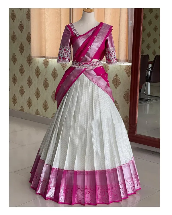 Pink_And_White_Elegant_Design_Embroidered_Silk_Half_Saree_With_Dupatta_For_Women