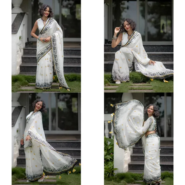 White_Elegant_Design_Linen_Saree_For_Women