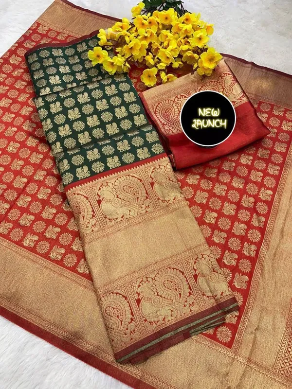 Red_And_Green_Elegant_Design_Banarasi_Silk_Half_Saree_For_Women
