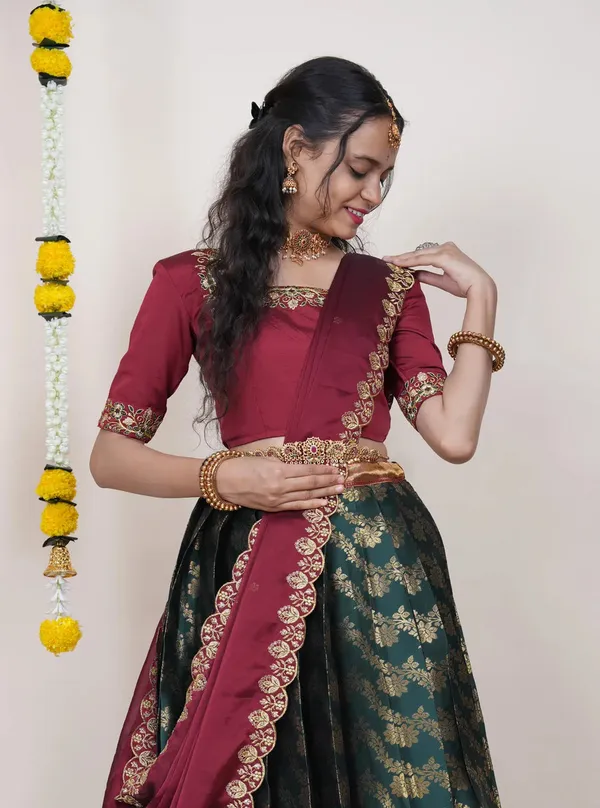 Maroon_And_Green_Elegant_Design_Embroidered_Silk_Half_Saree_With_Dupatta_For_Women