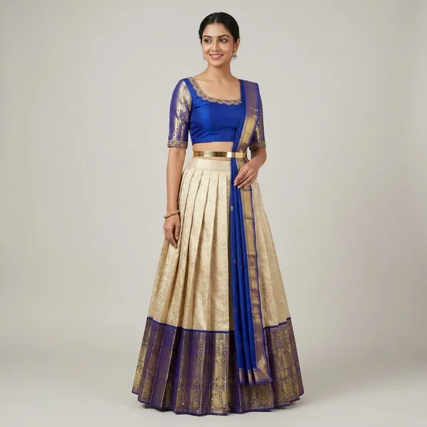 Royal_Blue_And_Gold_Elegant_Design_Silk_Half_Saree_With_Dupatta_For_Women