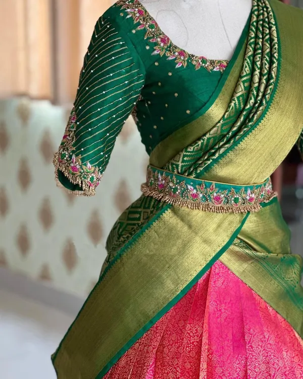 Pink_And_Green_Elegant_Design_Embellished_Silk_Half_Saree_With_Dupatta_For_Women