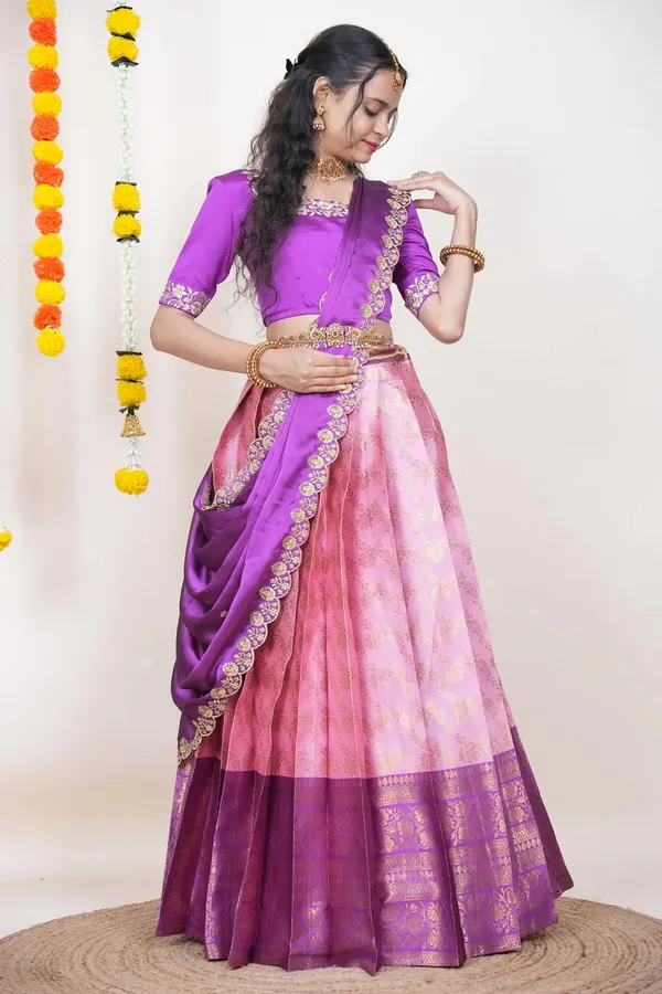Pink_And_Purple_Elegant_Design_Embroidered_Banarasi_Silk_Half_Saree_With_Dupatta_For_Women