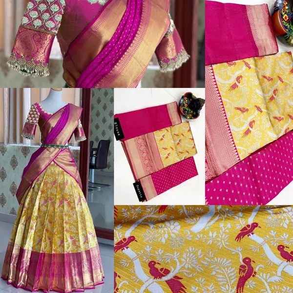 Yellow_And_Pink_Elegant_Design_Banarasi_Silk_Half_Saree_With_Dupatta_For_Women