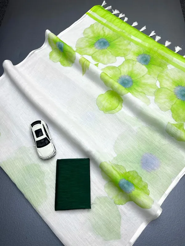 White_And_Green_Elegant_Design_Linen_Saree_For_Women
