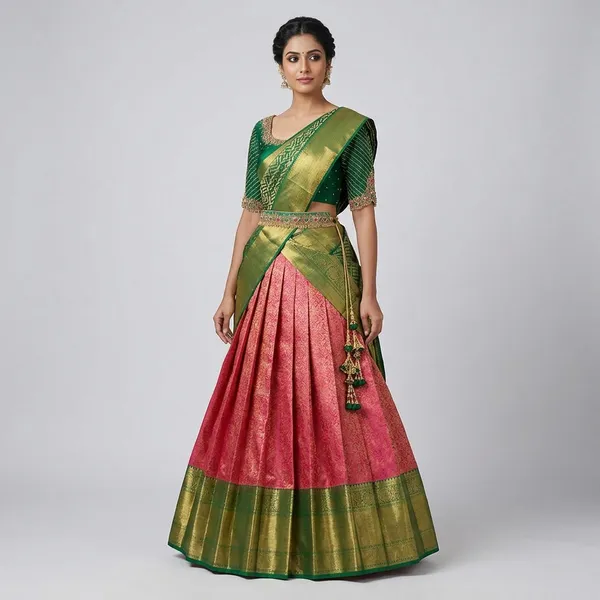 Pink_And_Green_Elegant_Design_Embellished_Silk_Half_Saree_With_Dupatta_For_Women