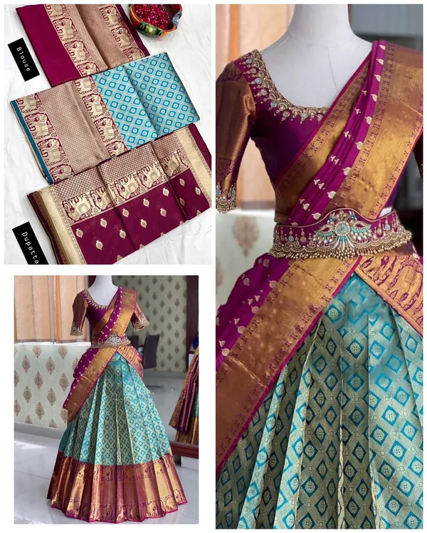 Green_And_Purple_Elegant_Design_Embellished_Kanchipuram_Silk_Half_Saree_With_Dupatta_For_Women
