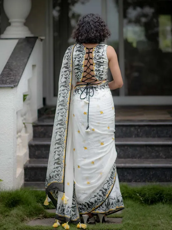 White_Elegant_Design_Linen_Saree_For_Women