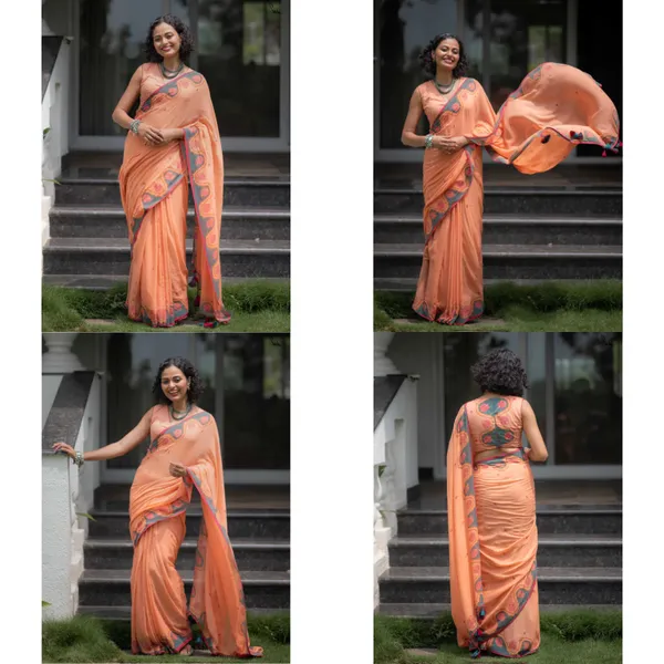 Peach_Elegant_Design_Embroidered_Organza_Saree_For_Women