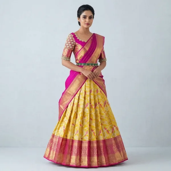 Yellow_And_Pink_Elegant_Design_Banarasi_Silk_Half_Saree_With_Dupatta_For_Women