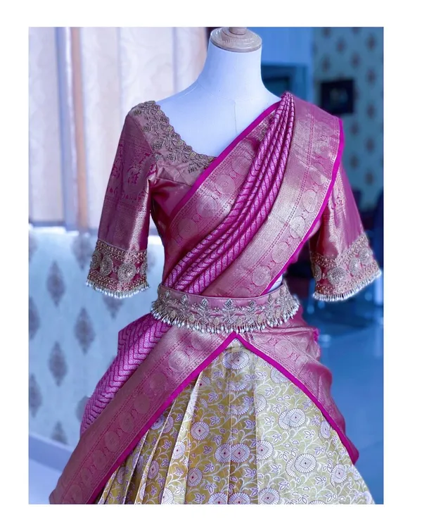 Pink_And_Cream_Elegant_Design_Embroidered_Banarasi_Silk_Half_Saree_With_Dupatta_For_Women