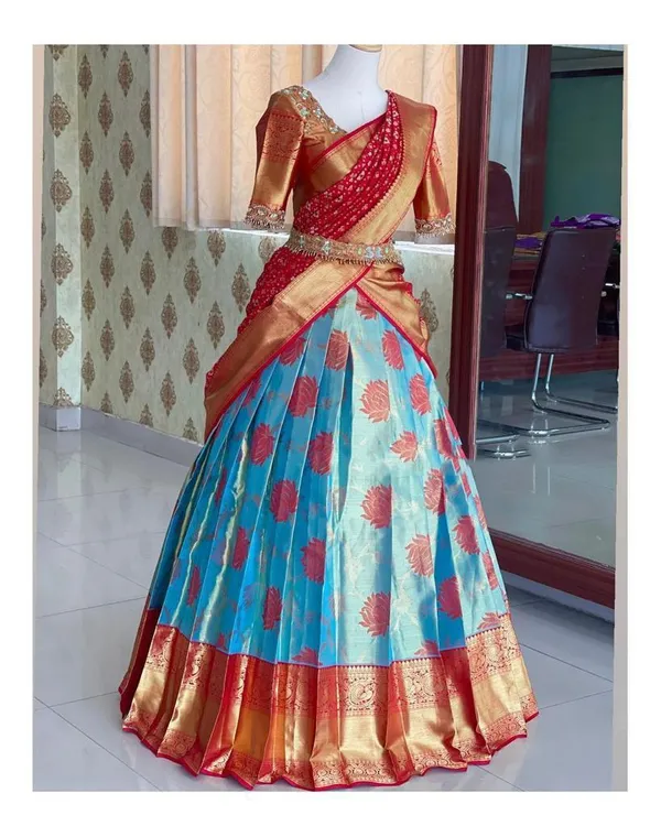 Red_And_Blue_Elegant_Design_Silk_Half_Saree_For_Women