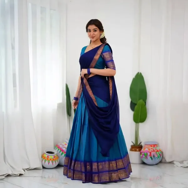 Teal_Blue_And_Purple_Elegant_Design_Banarasi_Silk_Half_Saree_For_Women