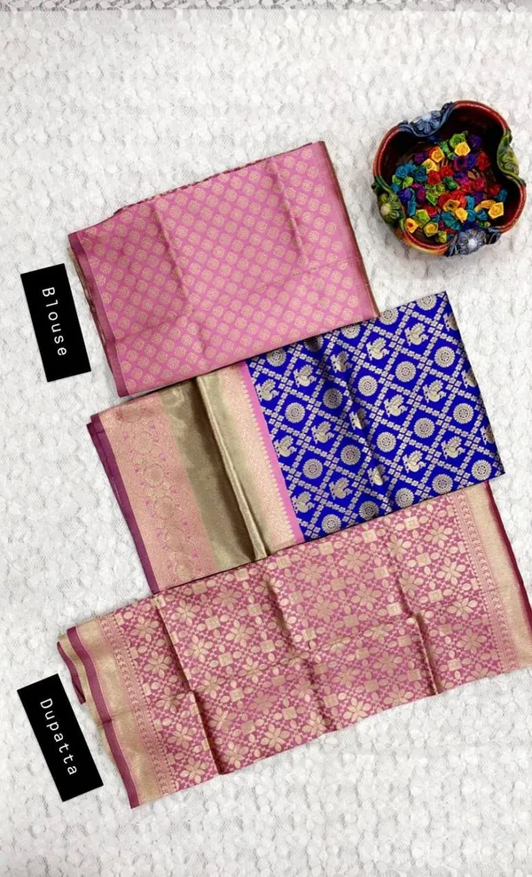 Blue_And_Pink_Elegant_Design_Embroidered_Banarasi_Brocade_Silk_Half_Saree_For_Women