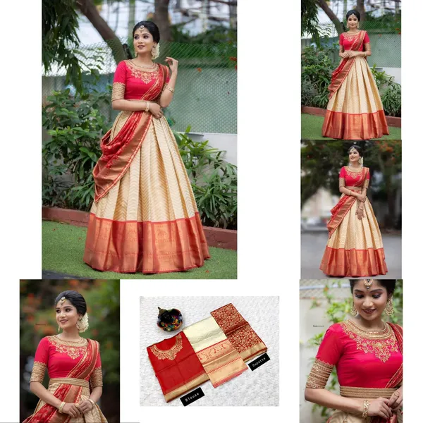 Cream_And_Red_Elegant_Design_Embroidered_Kanchipuram_Silk_Half_Saree_With_Dupatta_For_Women