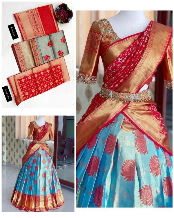 Red_And_Blue_Elegant_Design_Silk_Half_Saree_For_Women