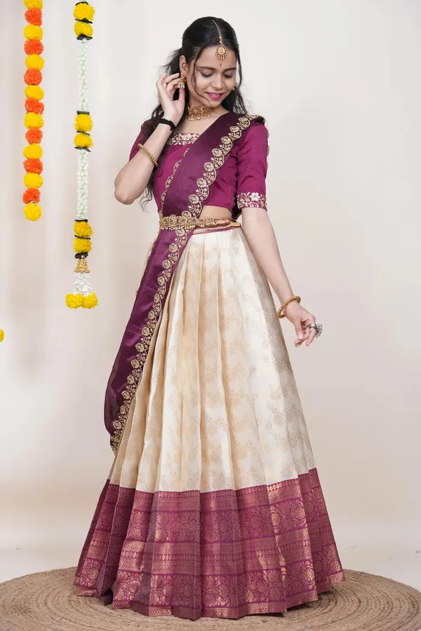 Cream_And_Magenta_Elegant_Design_Embroidered_Banarasi_Silk_Half_Saree_With_Dupatta_For_Women