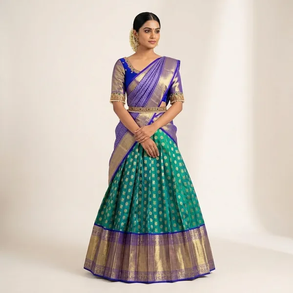Turquoise_And_Purple_Elegant_Design_Silk_Blend_Half_Saree_For_Women