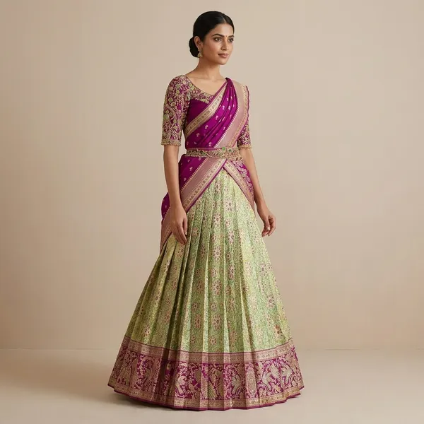 Green_And_Purple_Elegant_Design_Embroidered_Banarasi_Silk_Half_Saree_For_Women