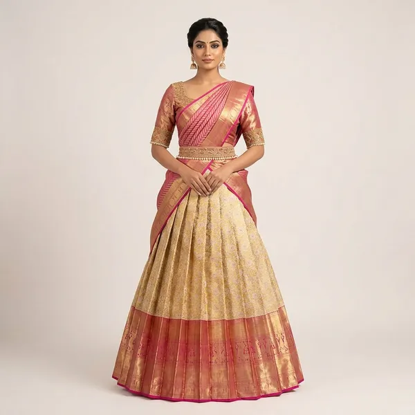 Pink_And_Cream_Elegant_Design_Embroidered_Banarasi_Silk_Half_Saree_With_Dupatta_For_Women