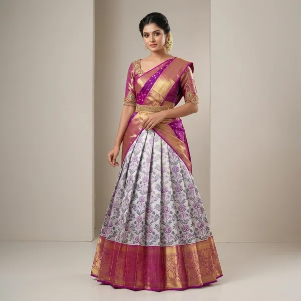 Purple_Elegant_Design_Pure_Silk_Half_Saree_For_Women