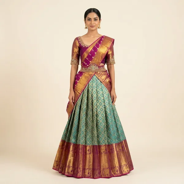 Green_And_Purple_Elegant_Design_Embellished_Kanchipuram_Silk_Half_Saree_With_Dupatta_For_Women
