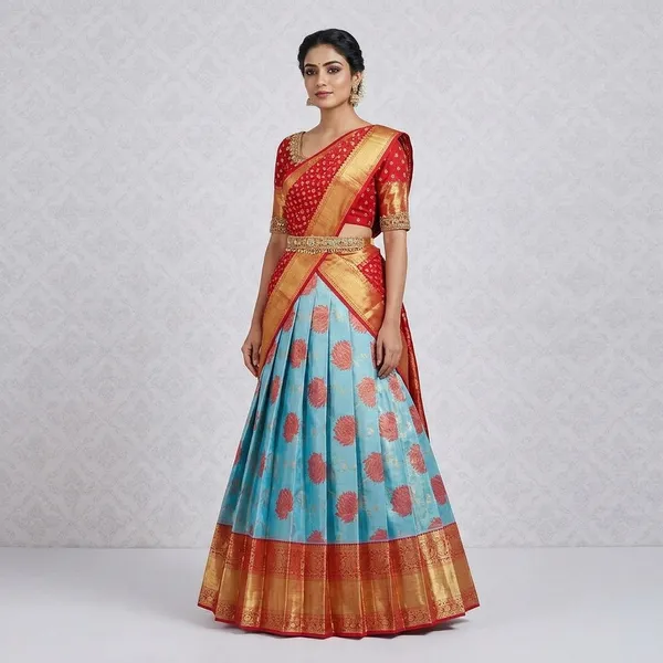 Red_And_Blue_Elegant_Design_Silk_Half_Saree_For_Women