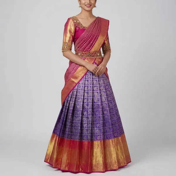 Purple_Elegant_Design_Pure_Silk_Half_Saree_For_Women
