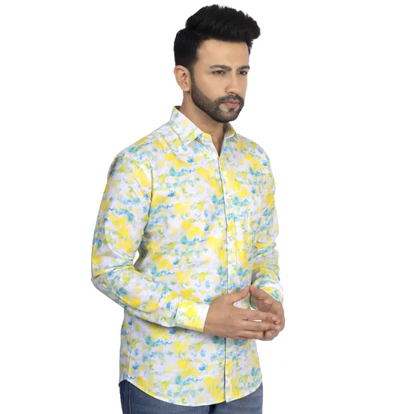 Yellow_And_Blue_Cotton_Linen_Blend__Shirt_For_Men