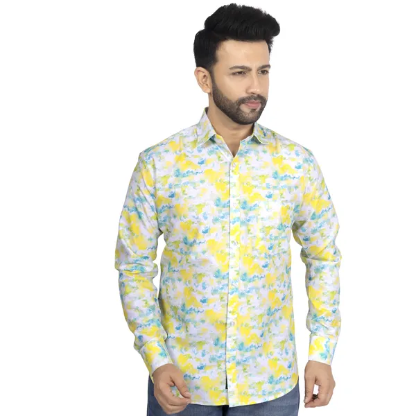 Yellow_And_Blue_Cotton_Linen_Blend__Shirt_For_Men