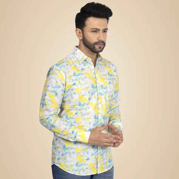 Yellow_And_Blue_Cotton_Linen_Blend__Shirt_For_Men