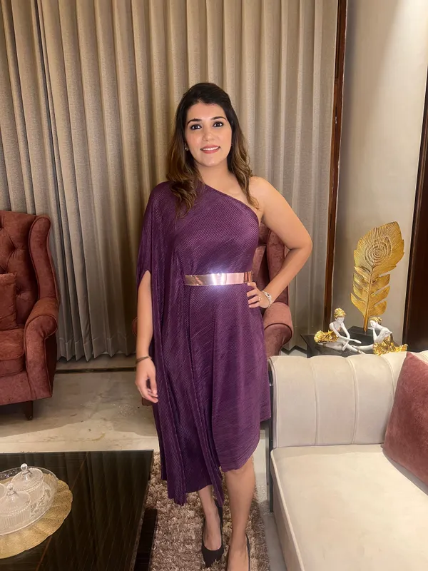 Purple_Elegant_Design_One_Side_Shoulder_Cotton_Tunic_Dress_For_Women