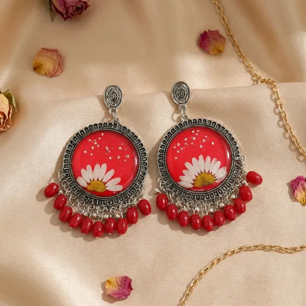 Red_Silver_Daisy_Earring_For_Women