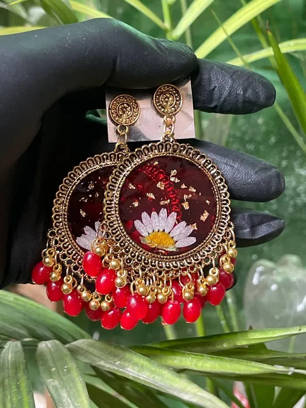 Red_Handmade_Resin_Jhumka_Base_Half_Daisy_Flower_Jhumka_Earring